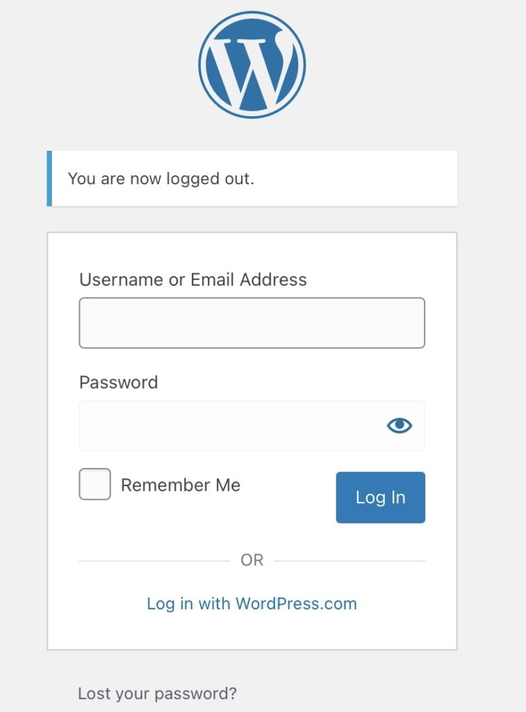 WordPress login page with option to log in with WordPress.com and frozen WordPress password field
