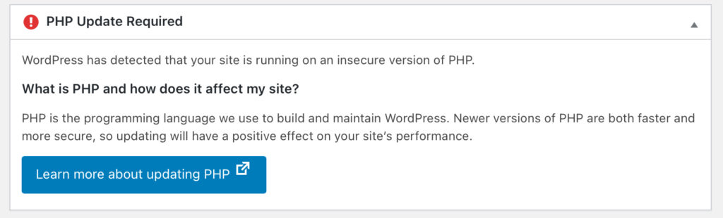 Update PHP notification on WordPress dashboard