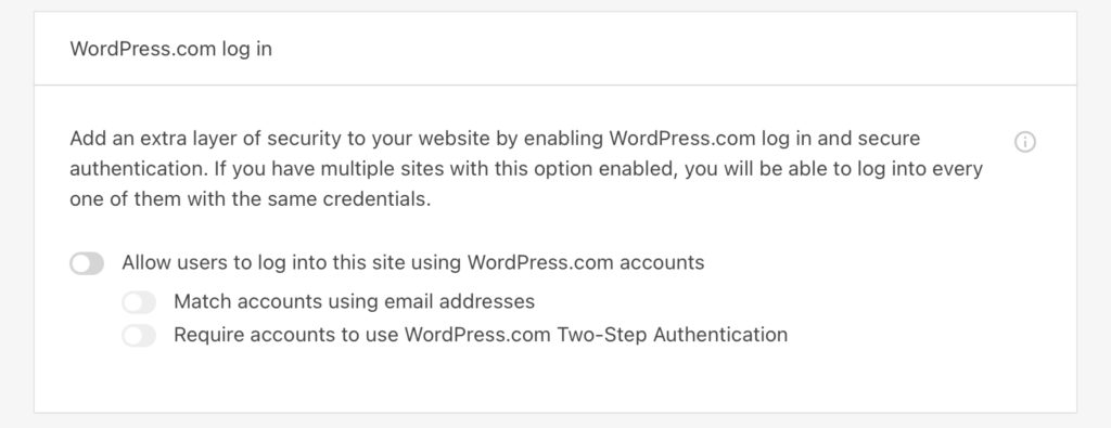 Jetpack settings for WordPress.com log in