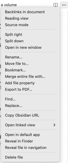 Context menu of the Obsidian application showing various options including 'Delete file'.